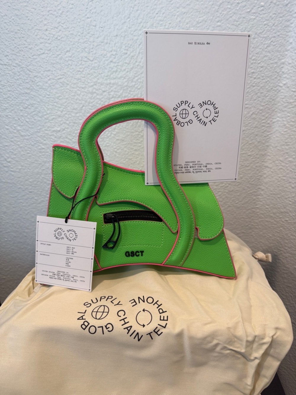 MSCHF GSCT bag Green Sculpted Top-Handle Bag with Pink Trim